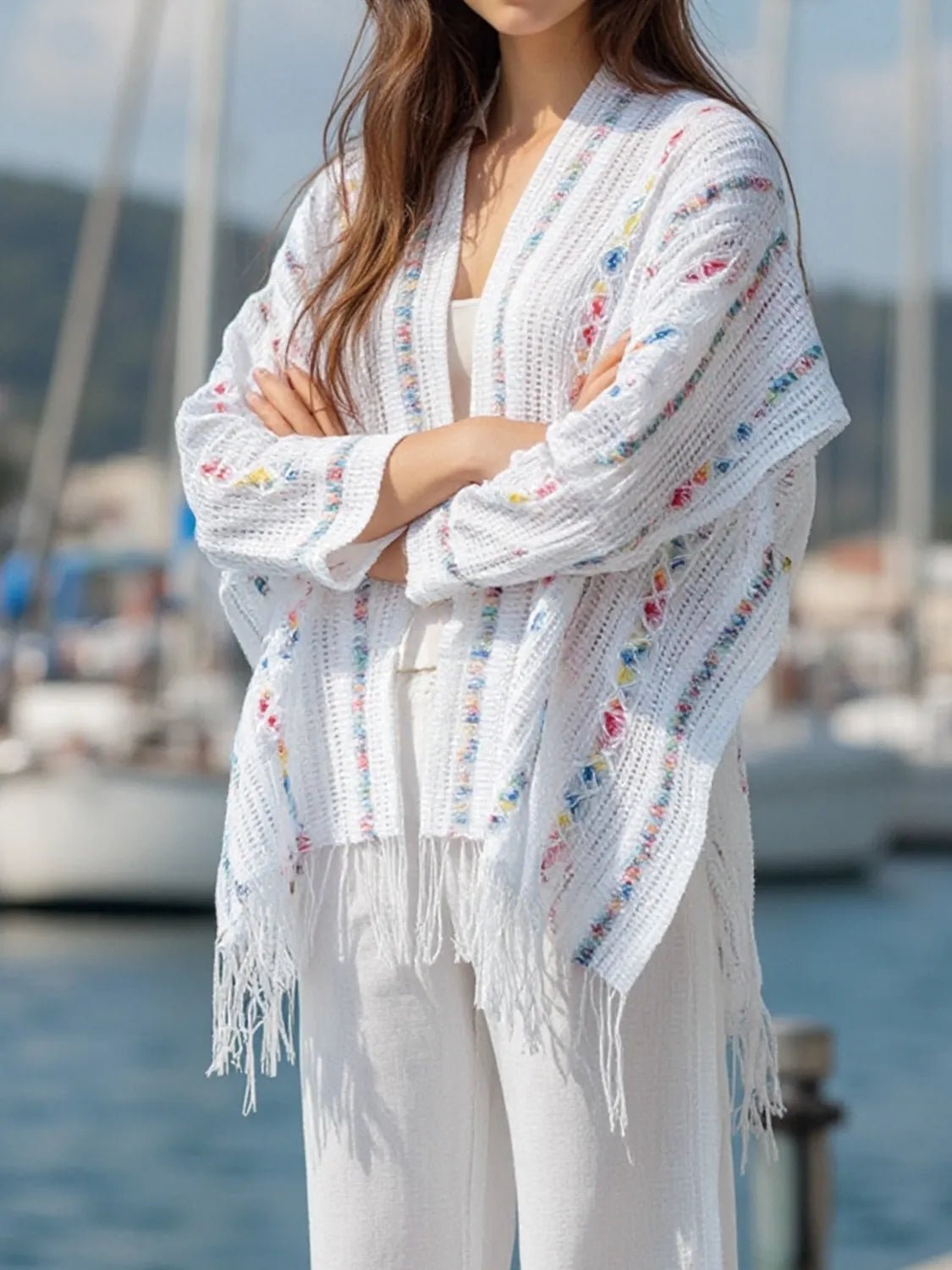 Openwork Fringe Open Front Knit Cape - Goddess Vibes