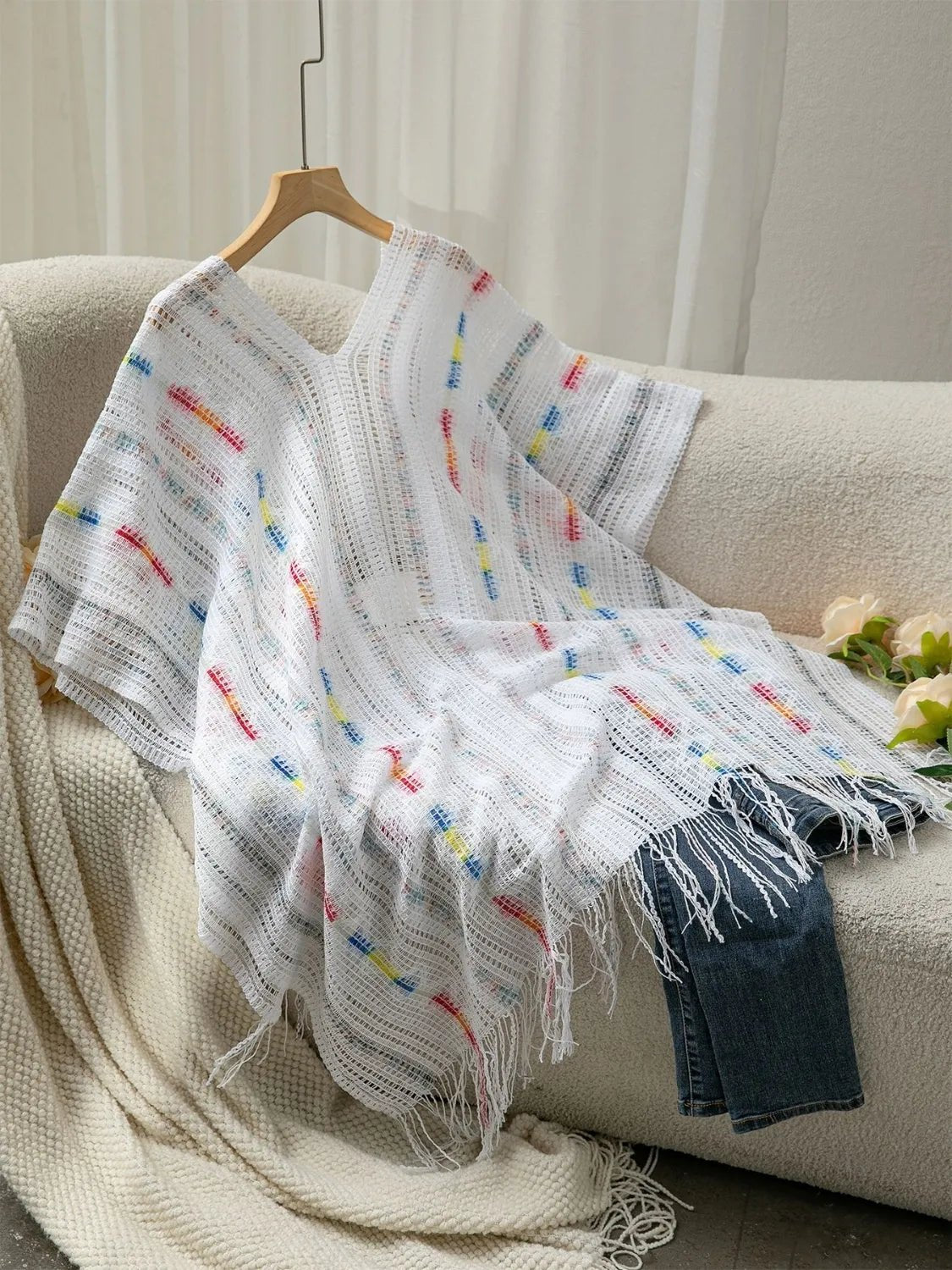 Openwork Fringe Open Front Knit Cape - Goddess Vibes