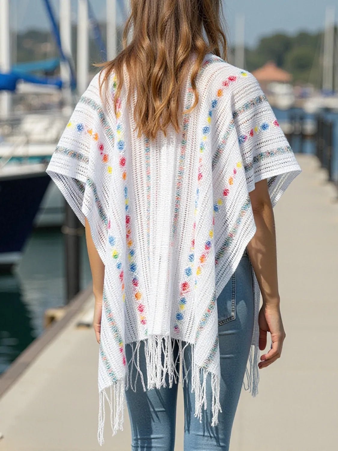 Openwork Fringe Open Front Knit Cape - Goddess Vibes