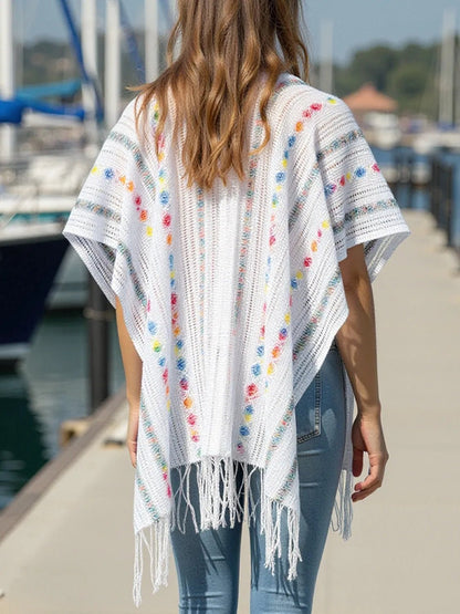 Openwork Fringe Open Front Knit Cape - Goddess Vibes