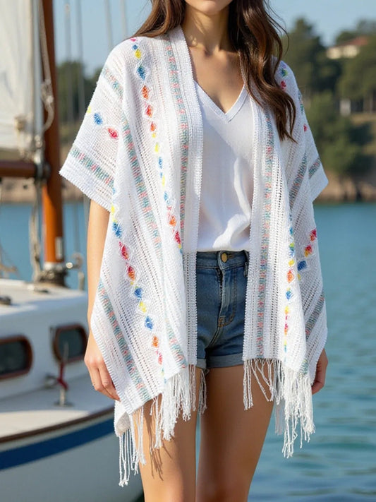 Openwork Fringe Open Front Knit Cape - Goddess Vibes