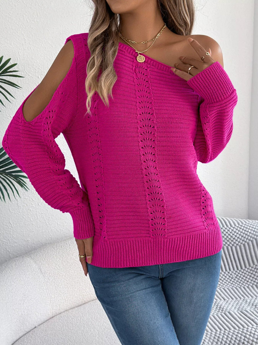 Crowned Energy CO. White / S Trendsi Shirt Openwork One Shoulder Cutout Long Sleeve Sweater