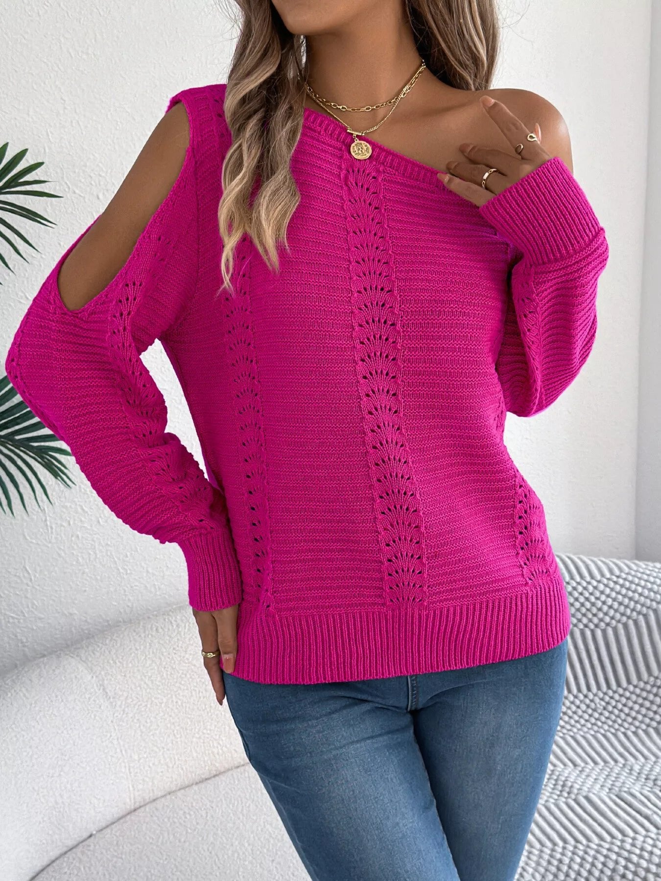 Crowned Energy CO. White / S Trendsi Shirt Openwork One Shoulder Cutout Long Sleeve Sweater