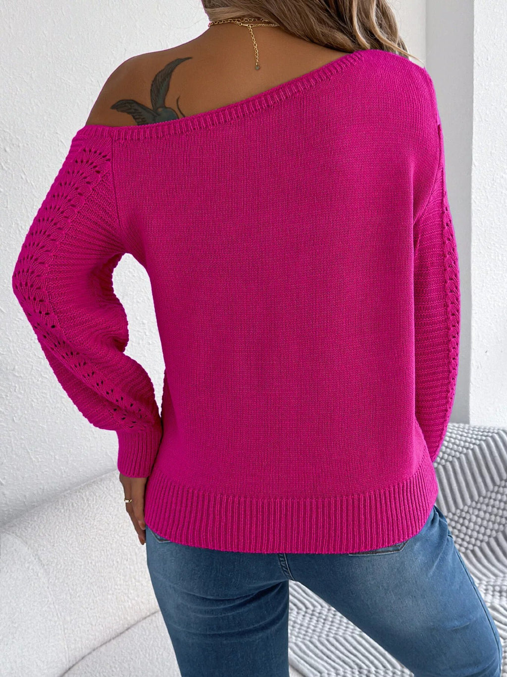 Crowned Energy CO. White / S Trendsi Shirt Openwork One Shoulder Cutout Long Sleeve Sweater
