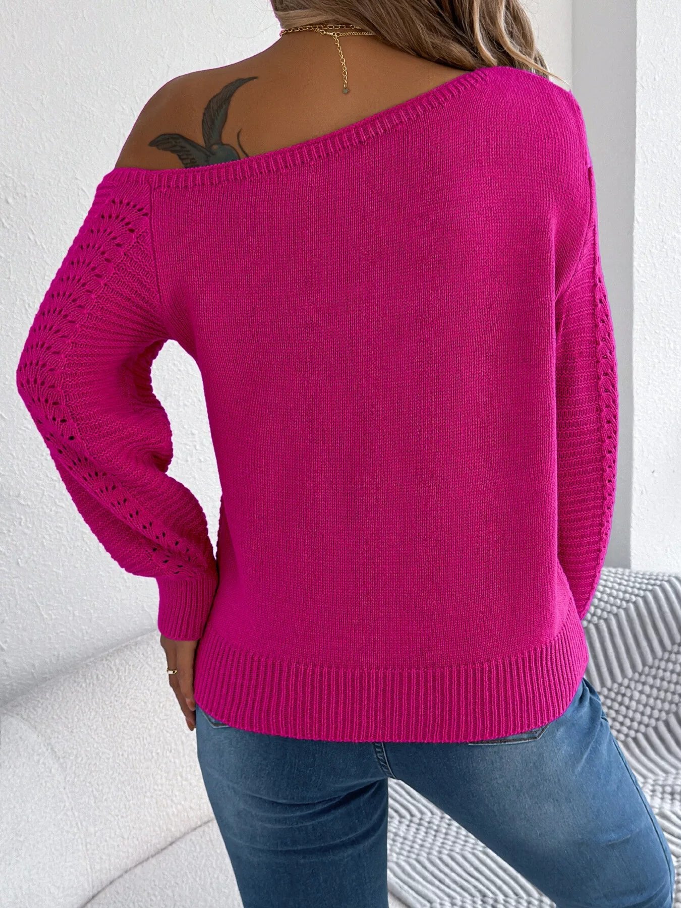 Crowned Energy CO. White / S Trendsi Shirt Openwork One Shoulder Cutout Long Sleeve Sweater