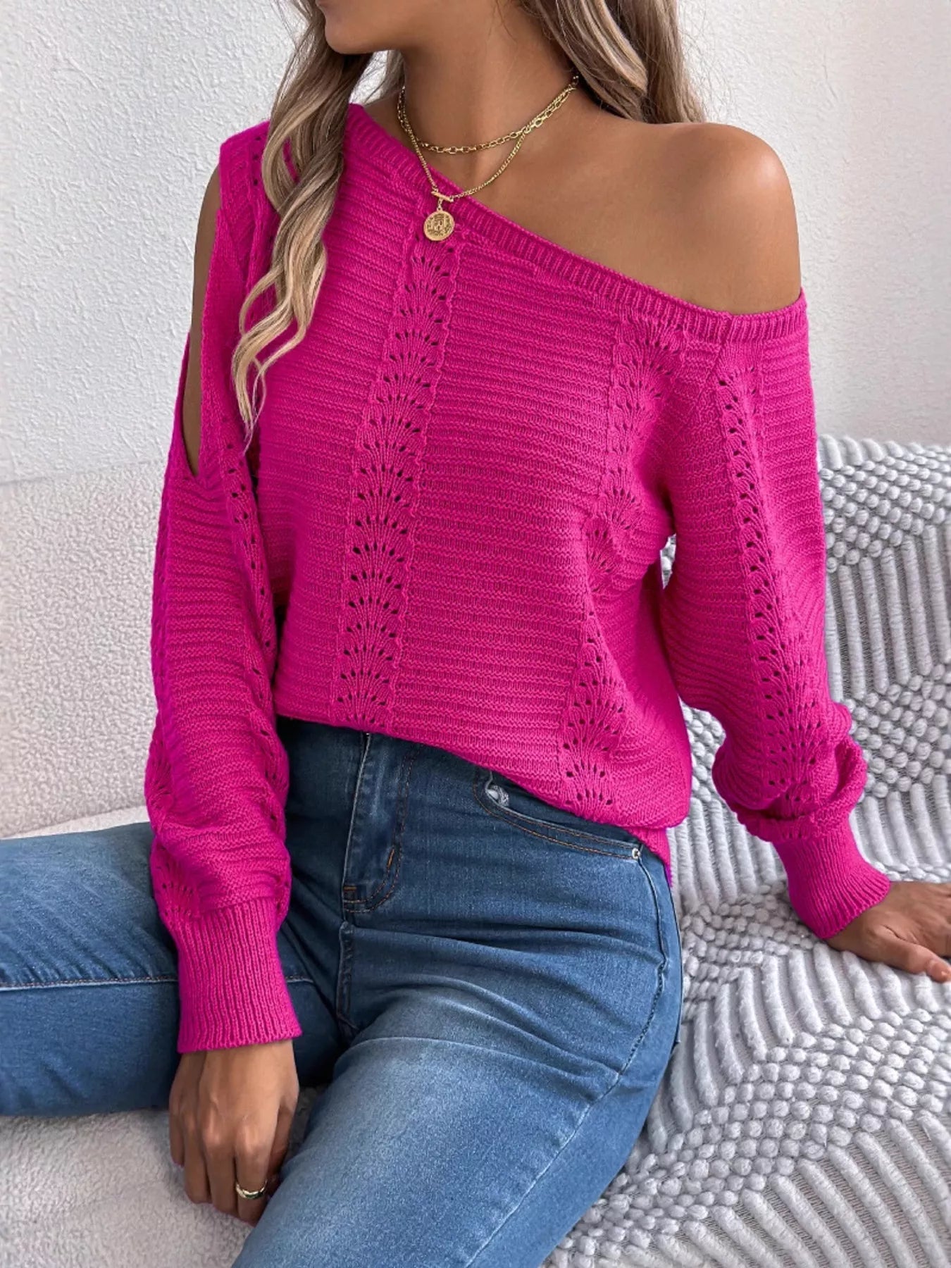 Crowned Energy CO. White / S Trendsi Shirt Openwork One Shoulder Cutout Long Sleeve Sweater