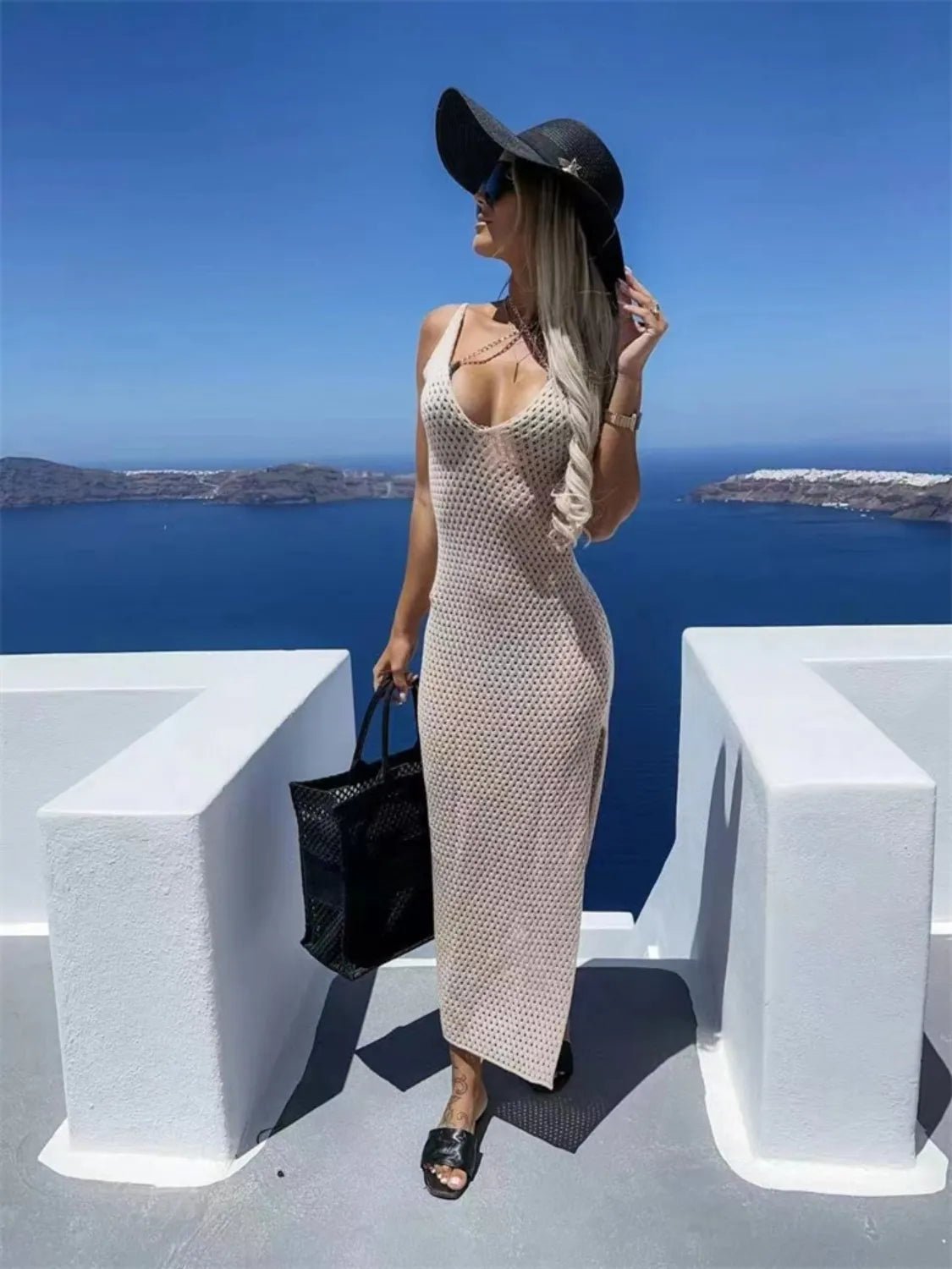 Crowned Energy CO. Beige / S Trendsi Dresses/Maxi Dresses Openwork Slit Sweater Maxi Dress