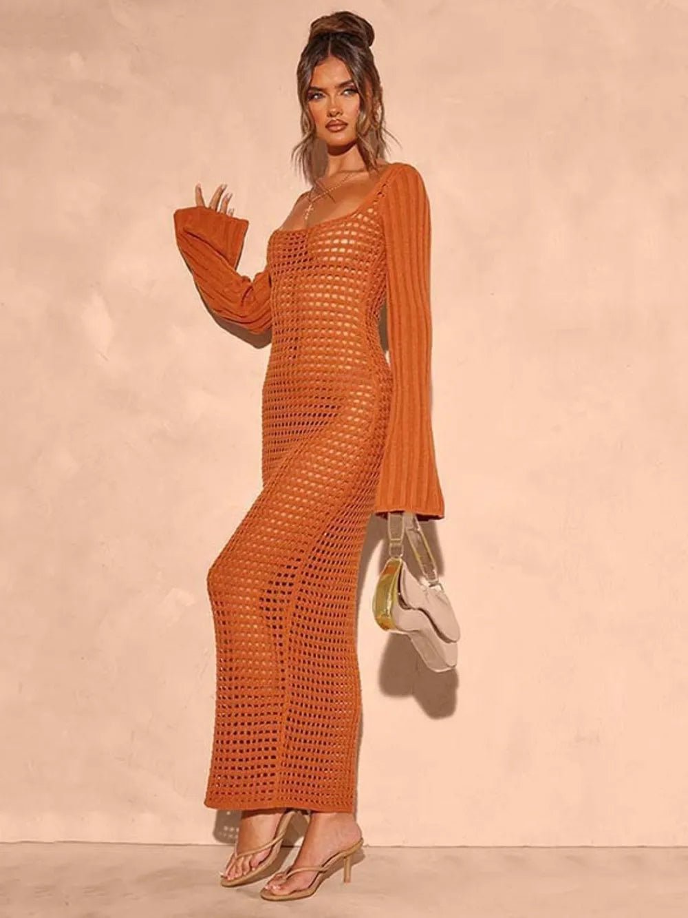 Openwork Square Neck Flare Sleeve Cover - Up Dress - Crowned Energy CO.