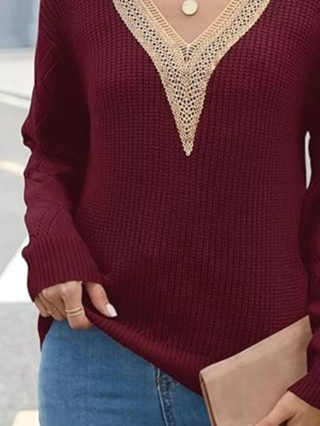 Openwork V - Neck Long Sleeve Sweater - Crowned Energy CO.