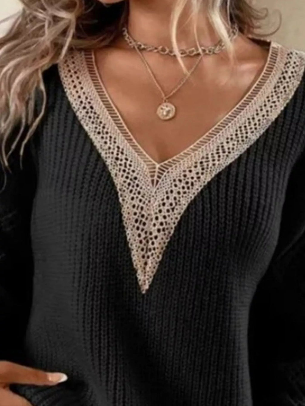 Openwork V - Neck Long Sleeve Sweater - Crowned Energy CO.