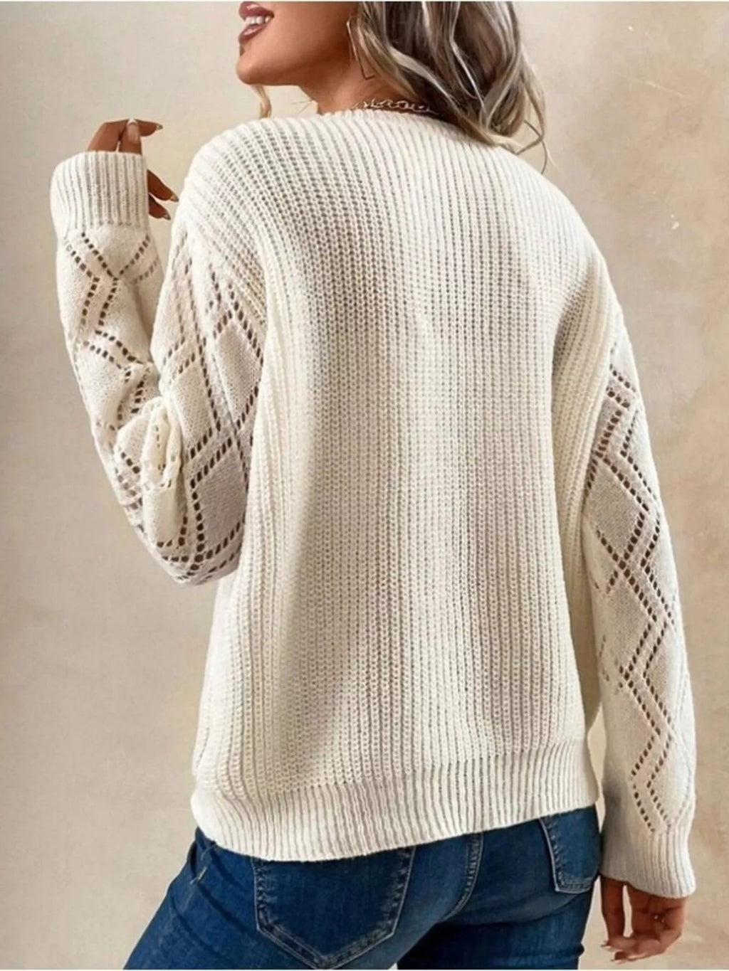 Openwork V - Neck Long Sleeve Sweater - Crowned Energy CO.