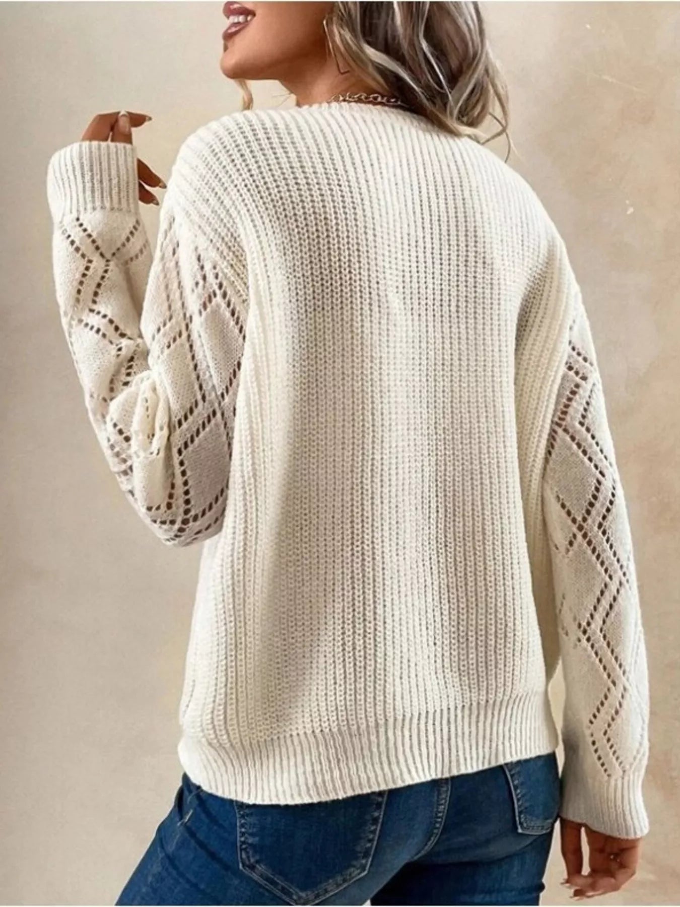 Openwork V - Neck Long Sleeve Sweater - Crowned Energy CO.