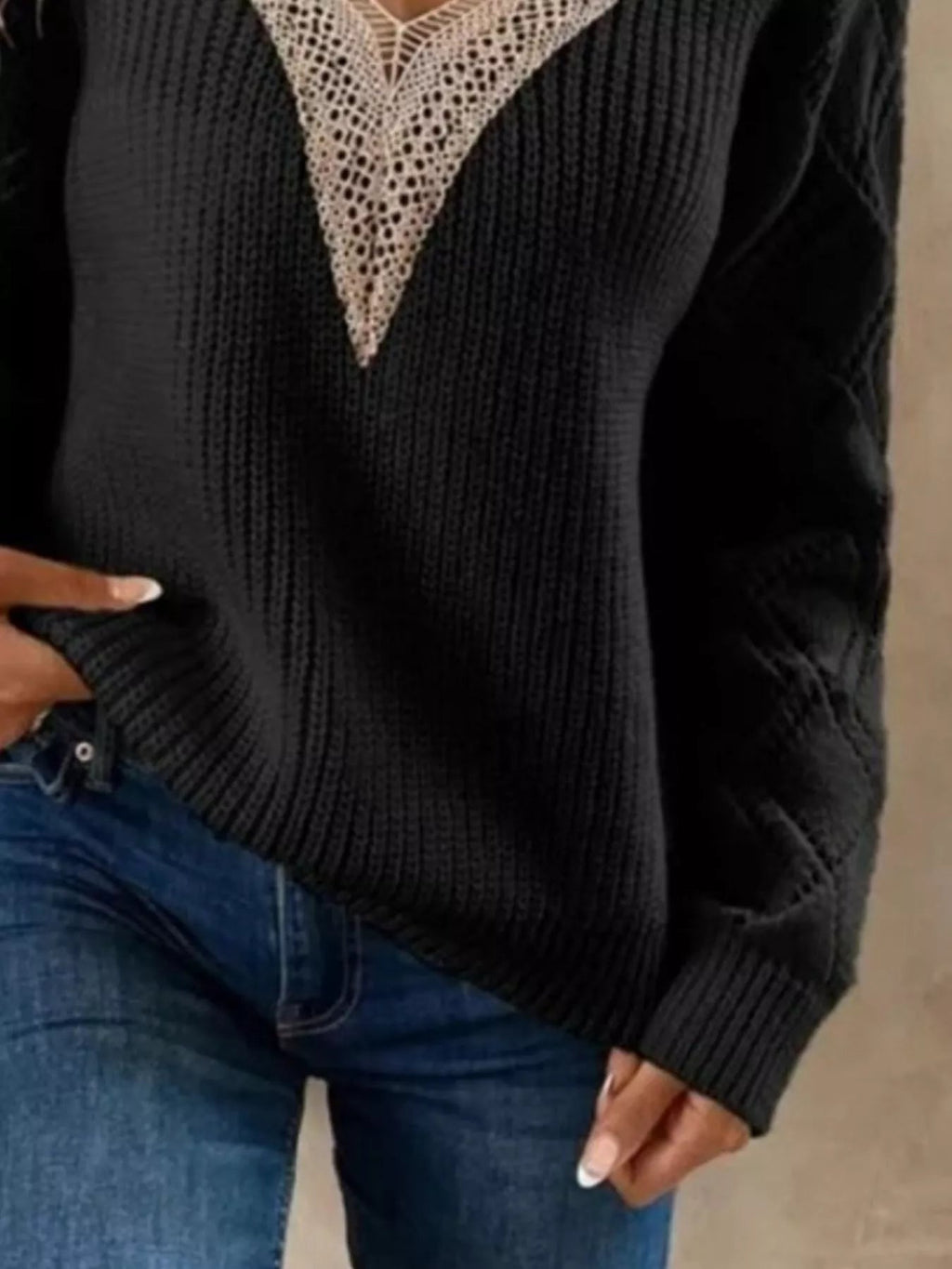 Openwork V - Neck Long Sleeve Sweater - Crowned Energy CO.