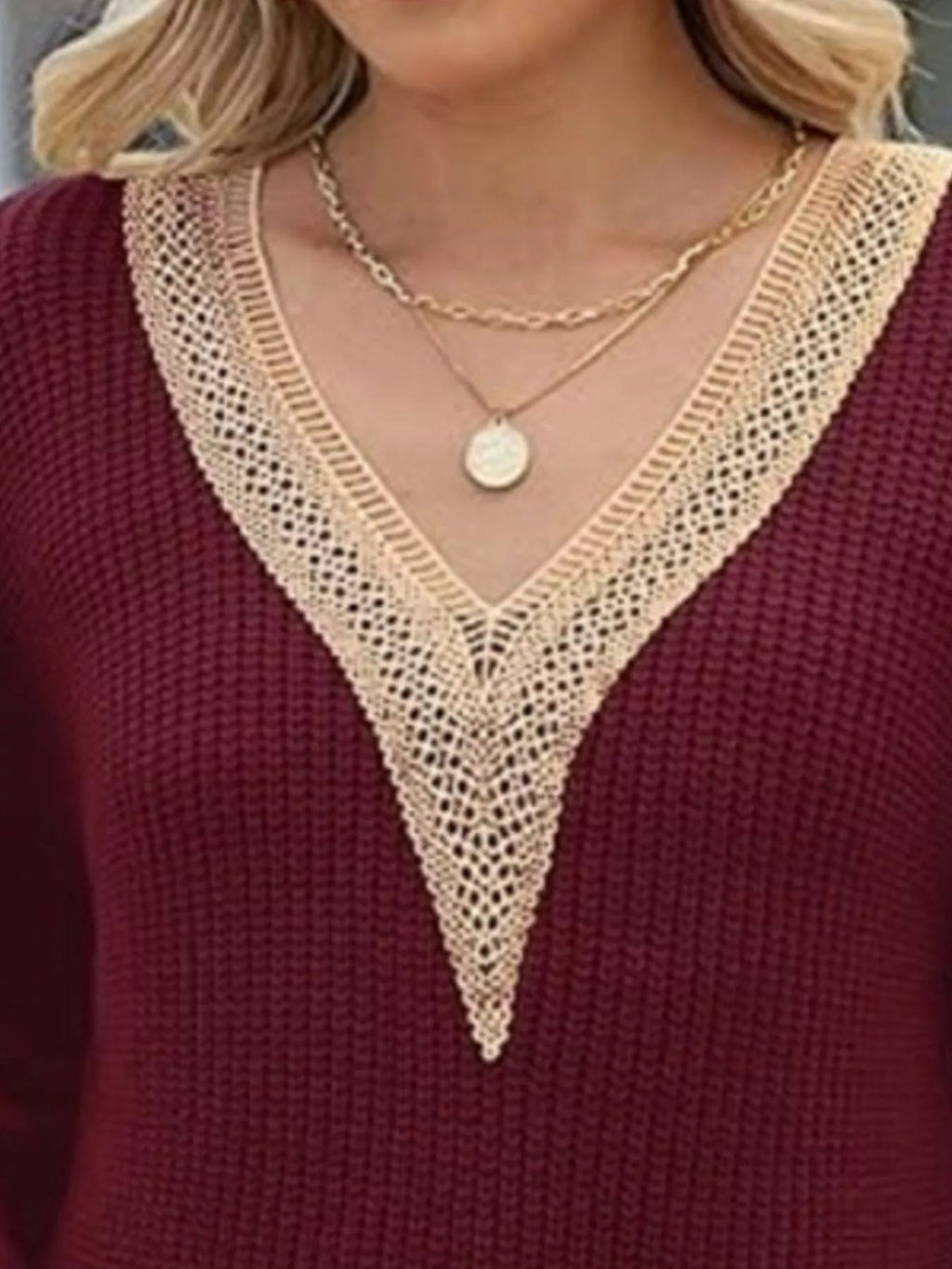 Openwork V - Neck Long Sleeve Sweater - Crowned Energy CO.
