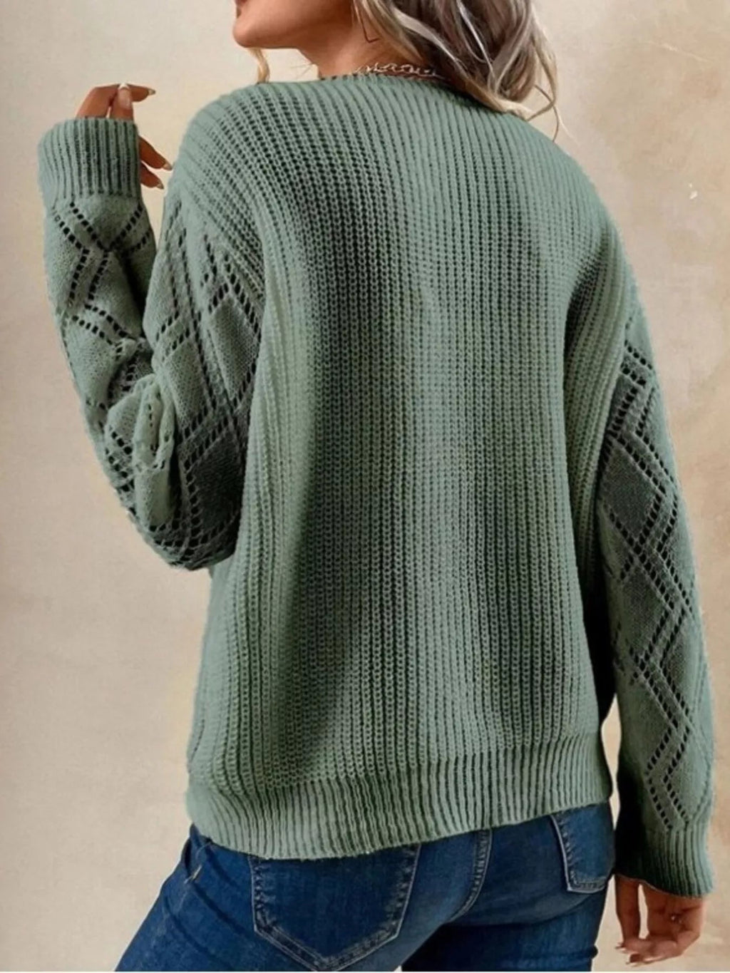 Openwork V - Neck Long Sleeve Sweater - Crowned Energy CO.