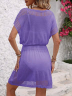 Crowned Energy CO. Royal Blue / One Size Trendsi swim wear Openwork V-Neck Short Sleeve Cover-Up Dress