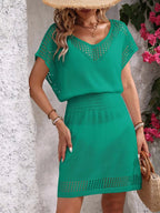 Crowned Energy CO. Royal Blue / One Size Trendsi swim wear Openwork V-Neck Short Sleeve Cover-Up Dress
