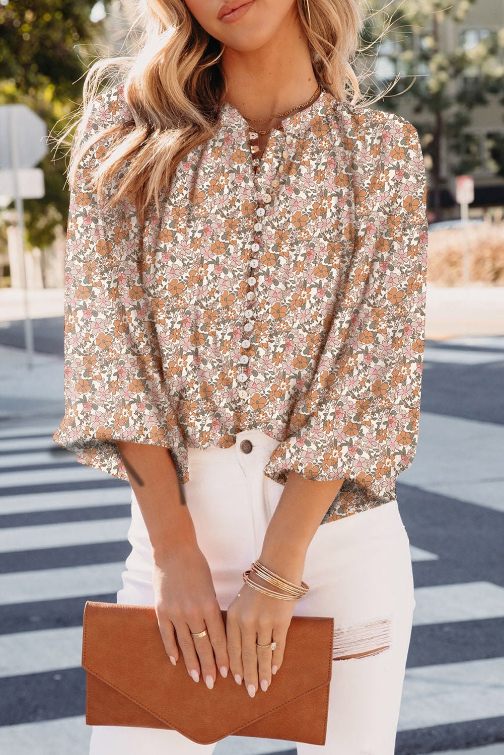 Orange Bohemian Floral Puff Sleeve Full Button Shirt - Crowned Energy CO.