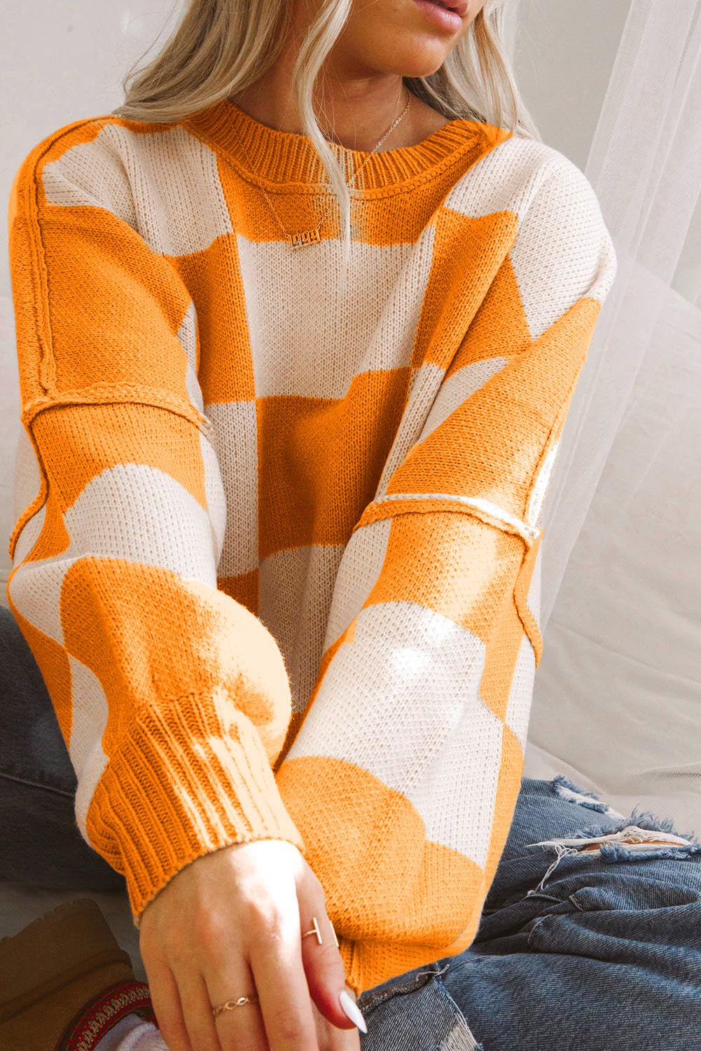 Crowned Energy CO. Grapefruit Orange / S / 100%Acrylic Dear-Lover Dropshipping Sweaters & Cardigans/Sweaters Orange Checkered Bishop Sleeve Sweater
