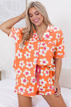 Orange Flower Print Short Sleeve Shirt Pajamas Set - Goddess Vibes
