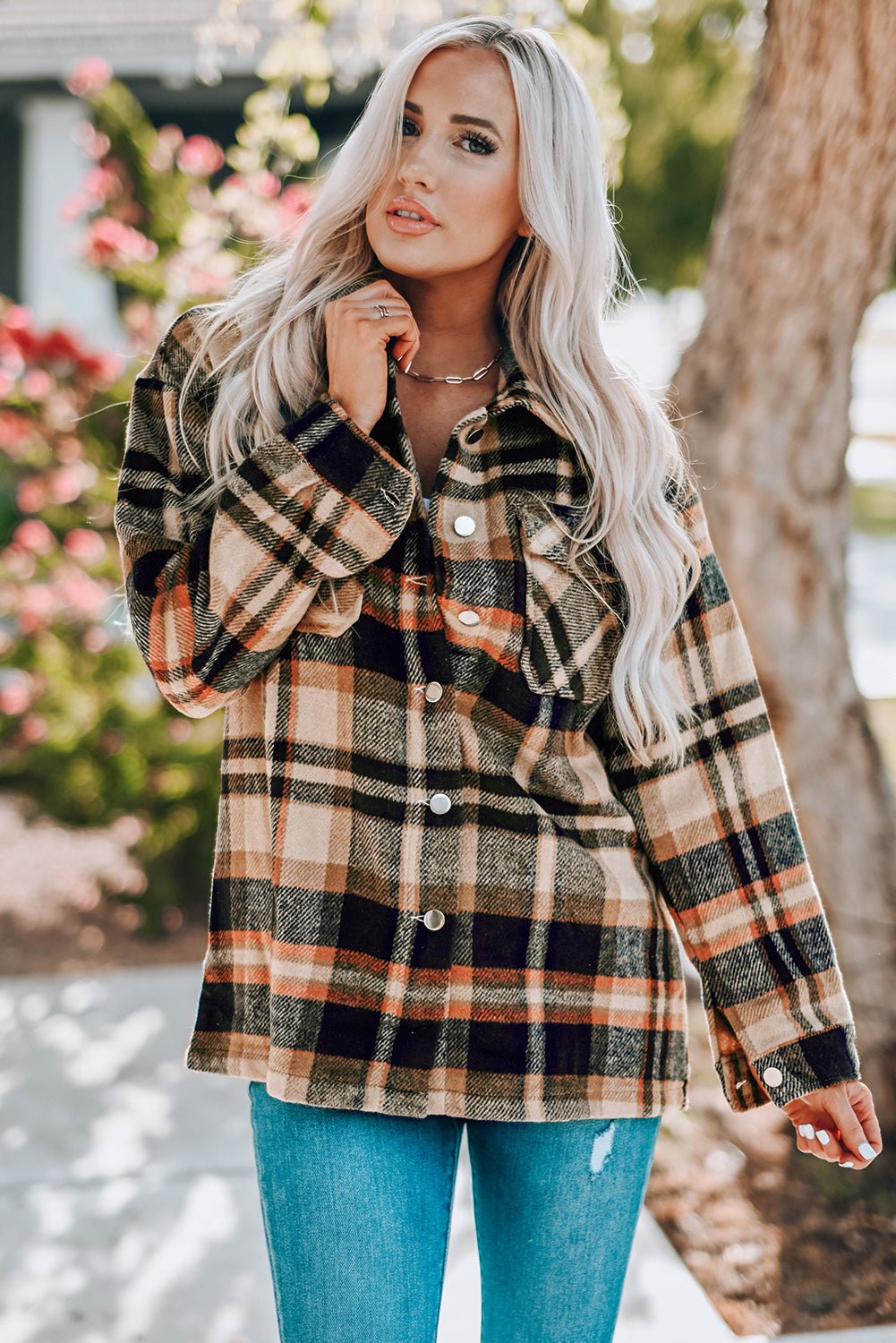 Orange Geometric Plaid Print Pocketed Shacket - Crowned Energy CO.