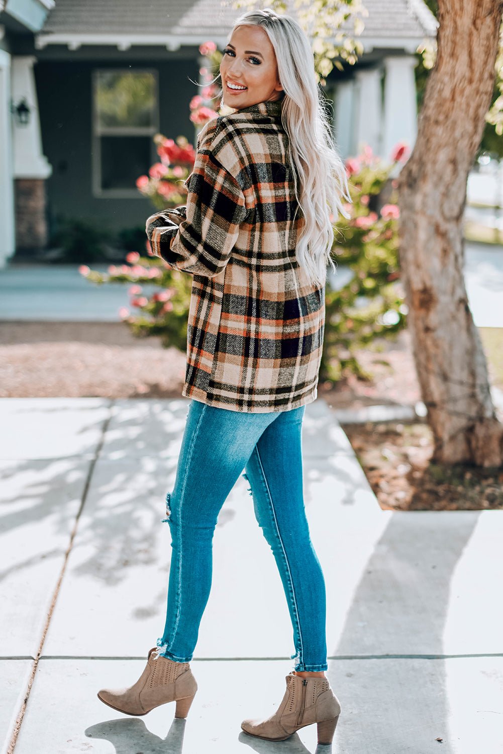 Orange Geometric Plaid Print Pocketed Shacket - Crowned Energy CO.