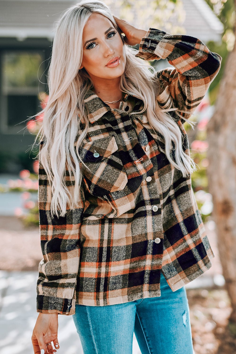 Orange Geometric Plaid Print Pocketed Shacket - Crowned Energy CO.
