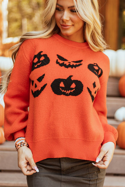 Orange Halloween Pumpkin Face Pattern Drop Shoulder Sweater - Goddess Vibes