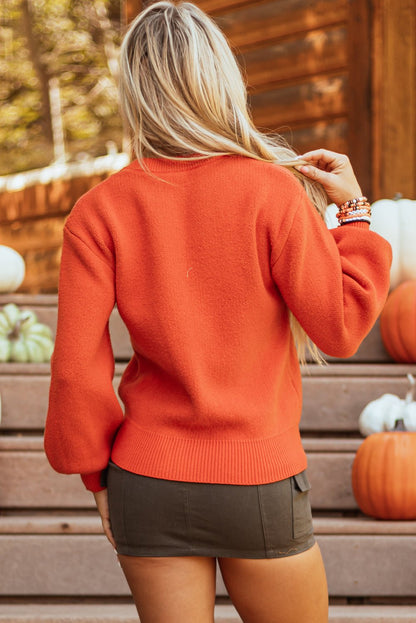 Orange Halloween Pumpkin Face Pattern Drop Shoulder Sweater - Goddess Vibes