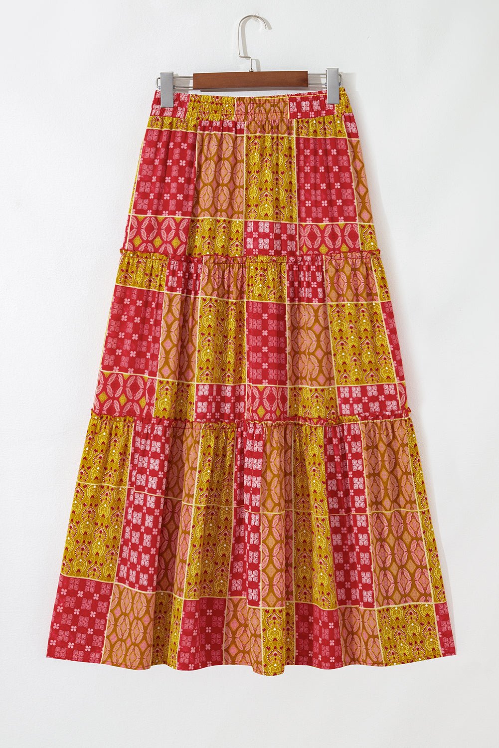 Orange Tiered Paisley Print Pocketed Maxi Skirt - Crowned Energy CO.