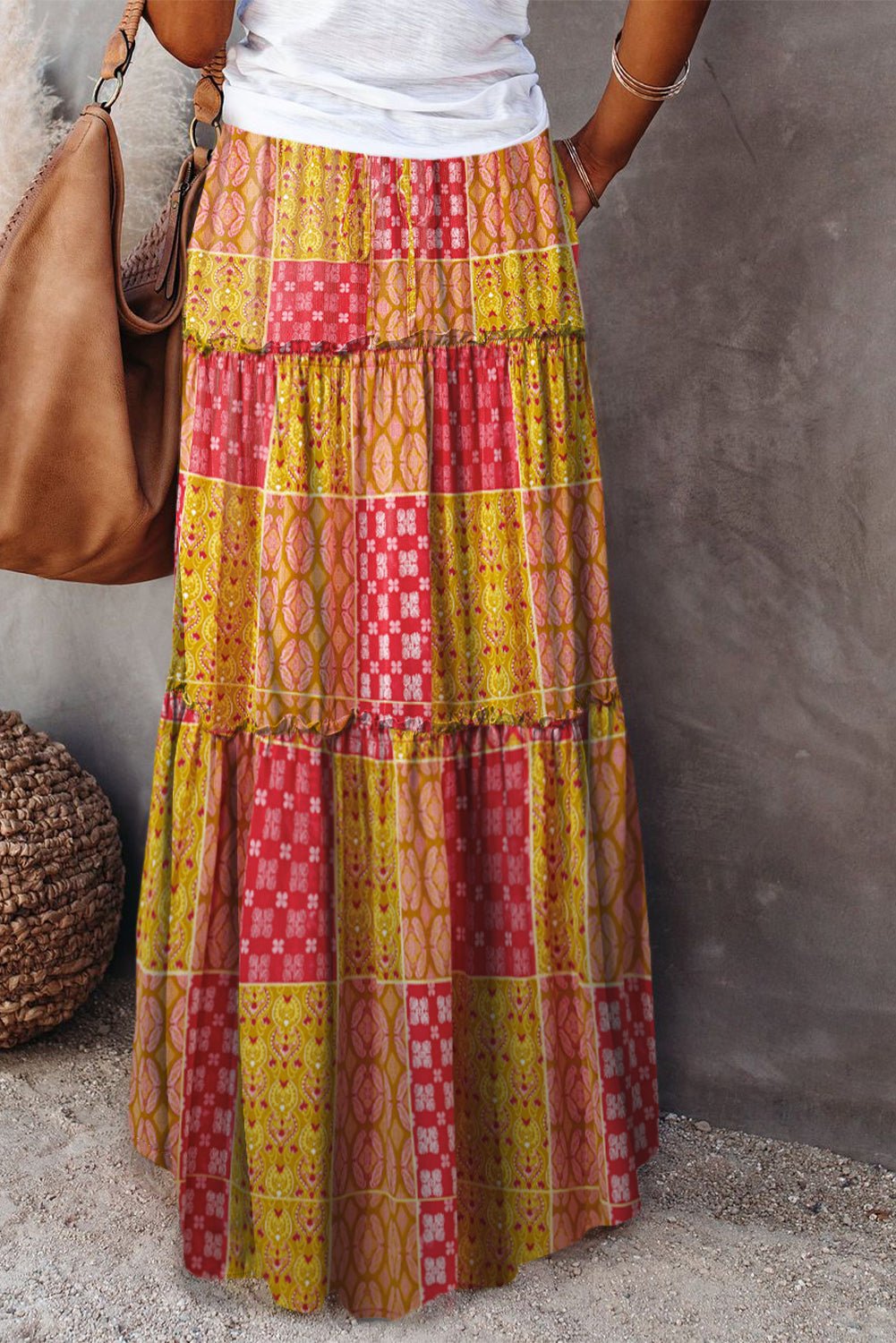 Orange Tiered Paisley Print Pocketed Maxi Skirt - Crowned Energy CO.
