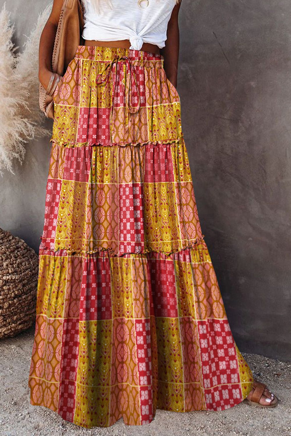 Orange Tiered Paisley Print Pocketed Maxi Skirt - Crowned Energy CO.