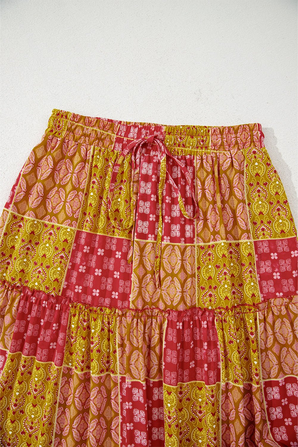 Orange Tiered Paisley Print Pocketed Maxi Skirt - Crowned Energy CO.