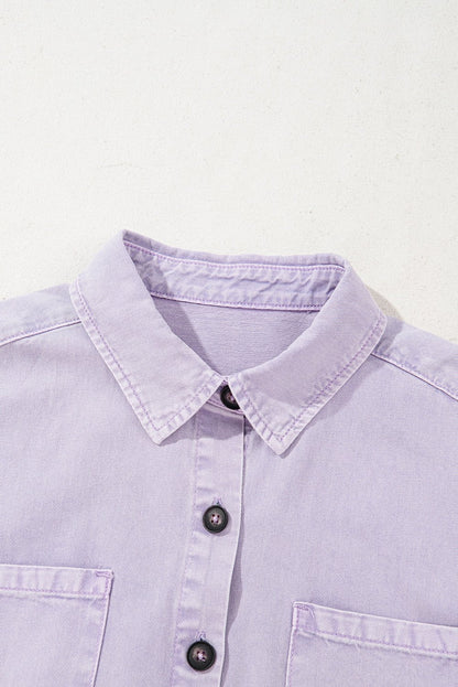 Orchid Petal Short Sleeve Double Chest Pocket Denim Shirt Dress - Goddess Vibes