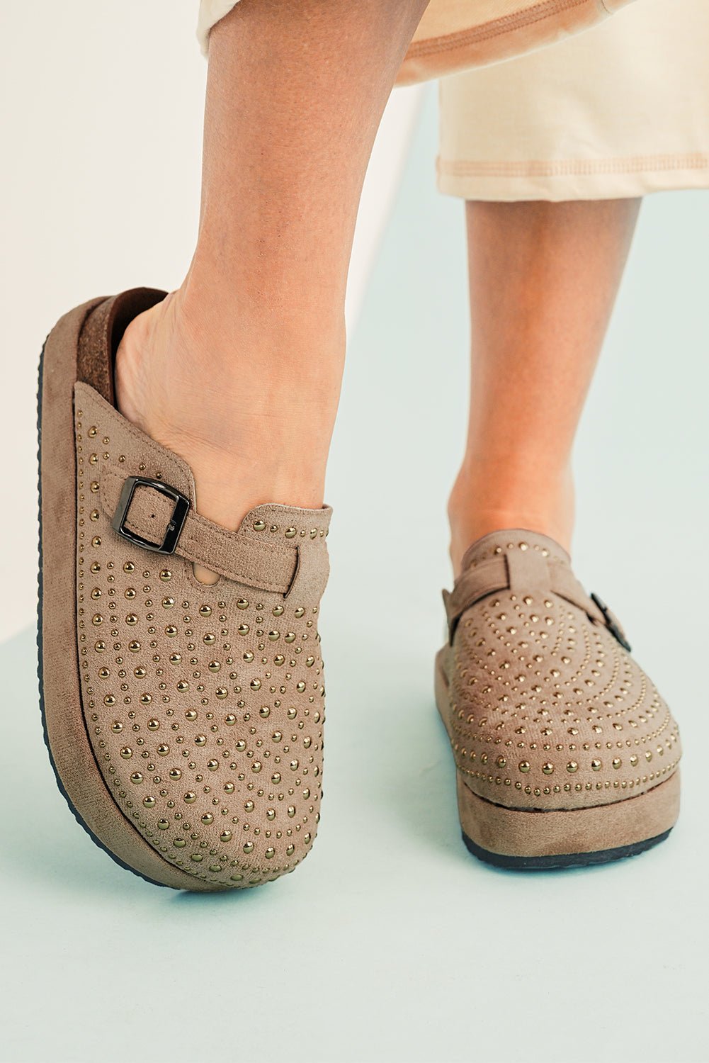 Parchment Rivet Buckle Closed Toe Platform Slippers - Crowned Energy CO.