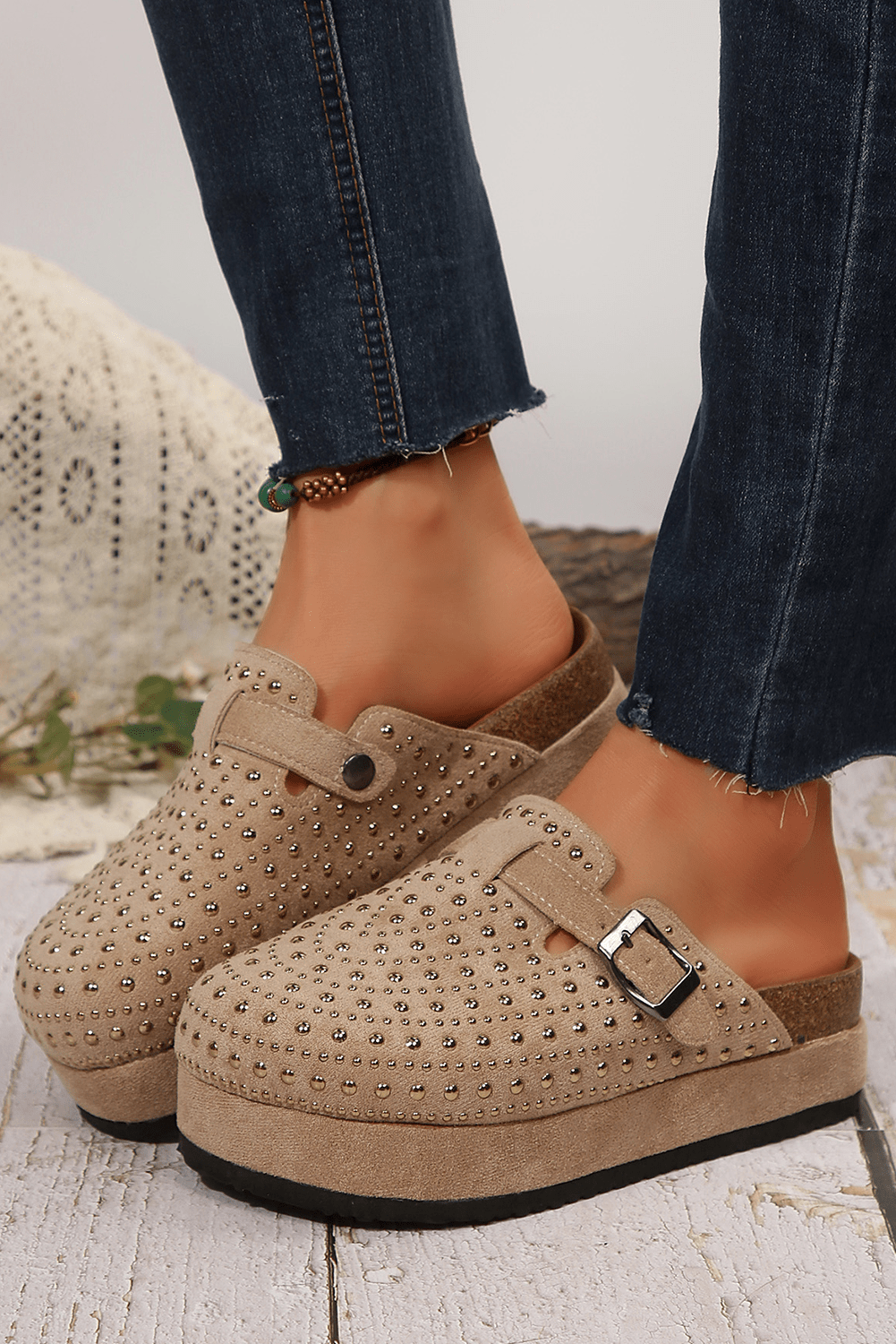Parchment Rivet Buckle Closed Toe Platform Slippers - Crowned Energy CO.
