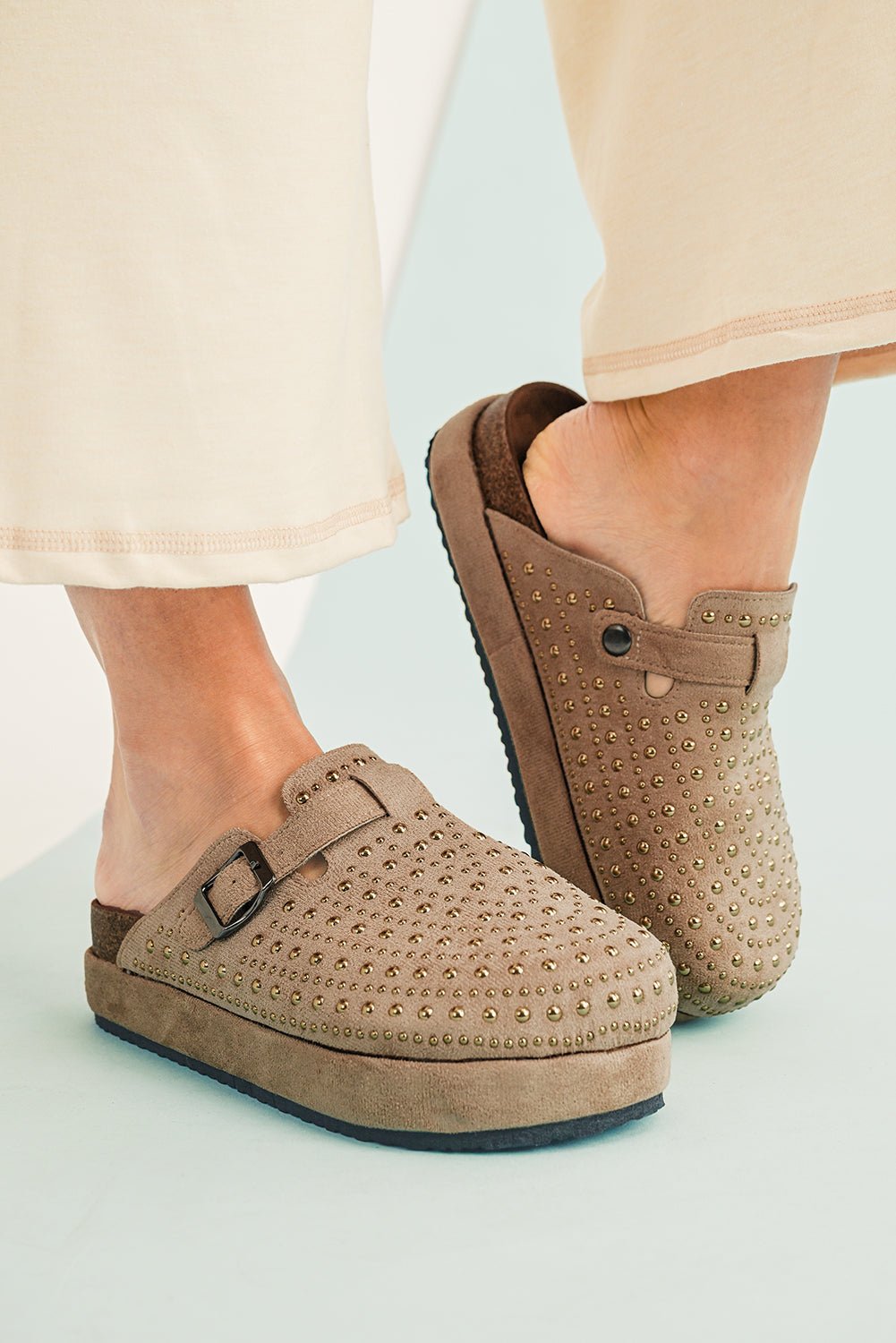 Parchment Rivet Buckle Closed Toe Platform Slippers - Crowned Energy CO.