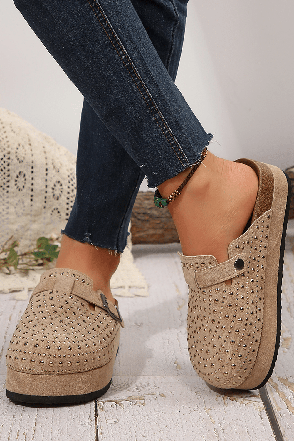 Parchment Rivet Buckle Closed Toe Platform Slippers - Crowned Energy CO.