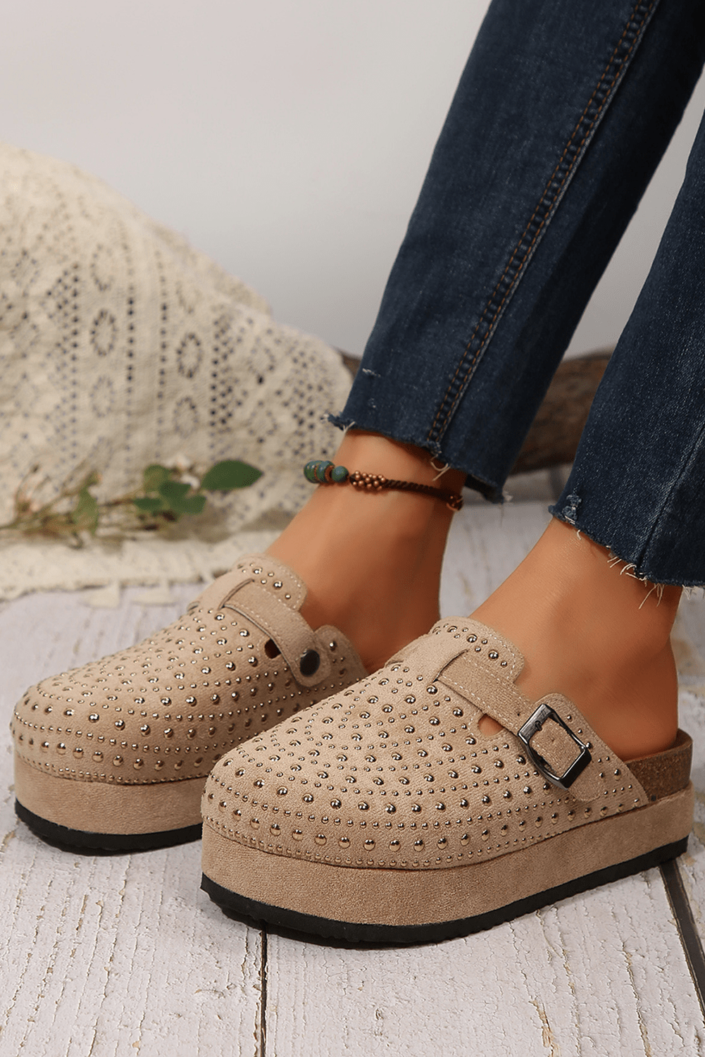 Parchment Rivet Buckle Closed Toe Platform Slippers - Crowned Energy CO.