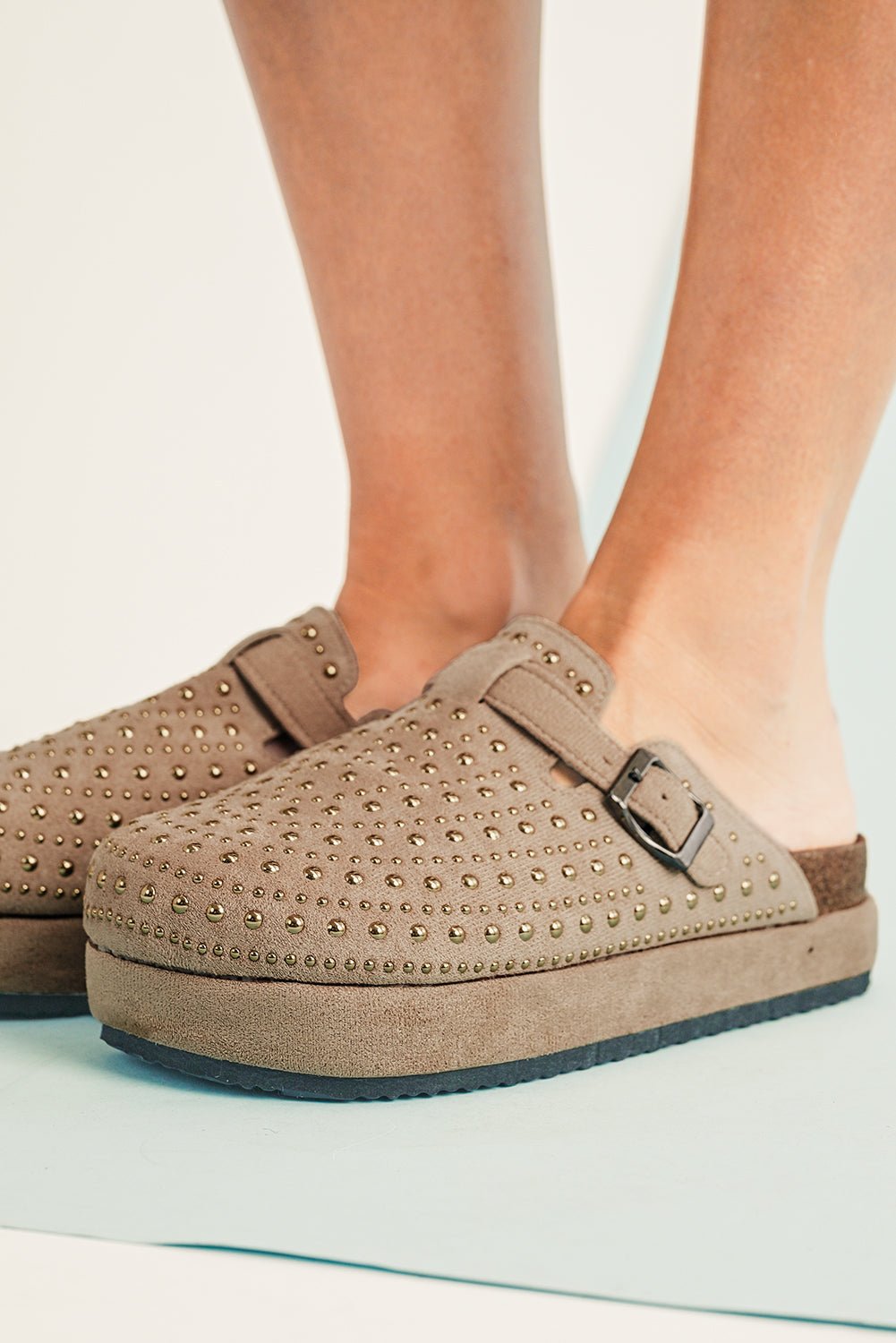 Parchment Rivet Buckle Closed Toe Platform Slippers - Crowned Energy CO.