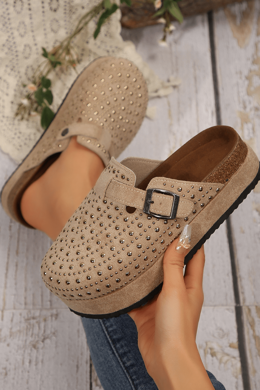 Parchment Rivet Buckle Closed Toe Platform Slippers - Crowned Energy CO.