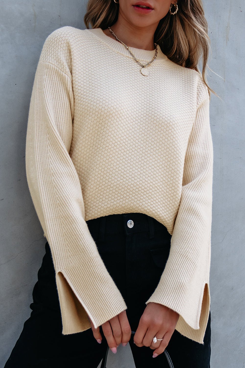 Parchment Solid Textured Knit Split Cuff Drop Shoulder Loose Sweater - Crowned Energy CO.