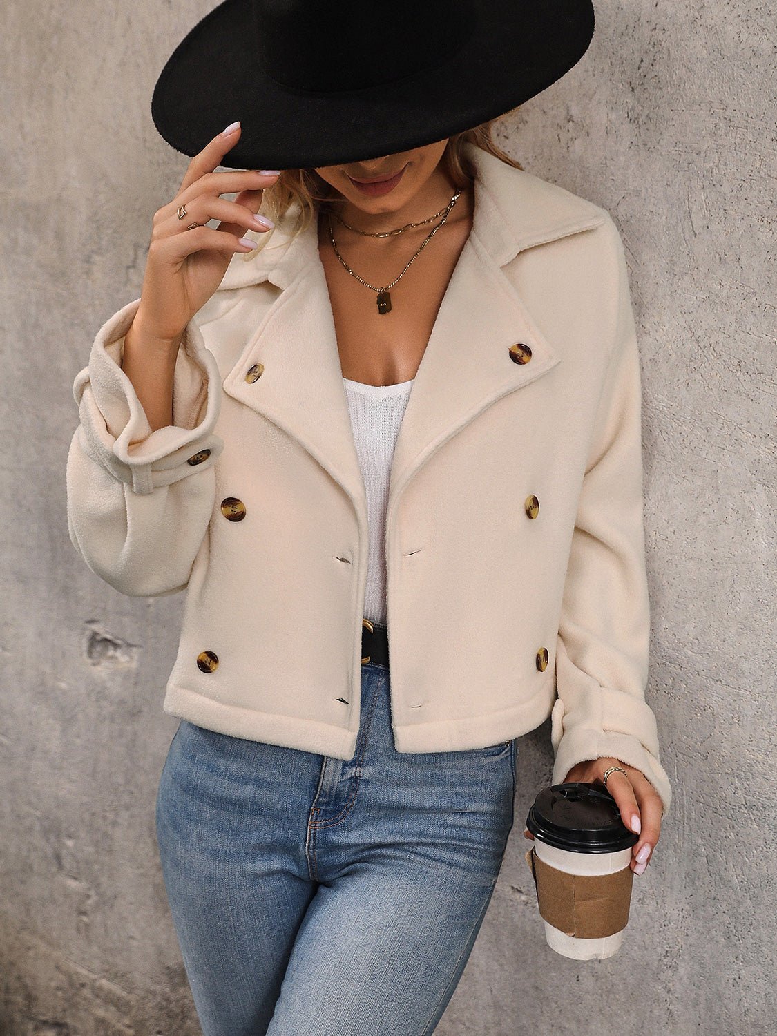 Perfee Button Up Collared Neck Long Sleeve Jacket - Crowned Energy CO.