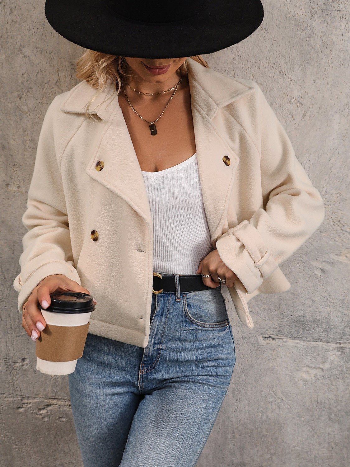 Perfee Button Up Collared Neck Long Sleeve Jacket - Crowned Energy CO.