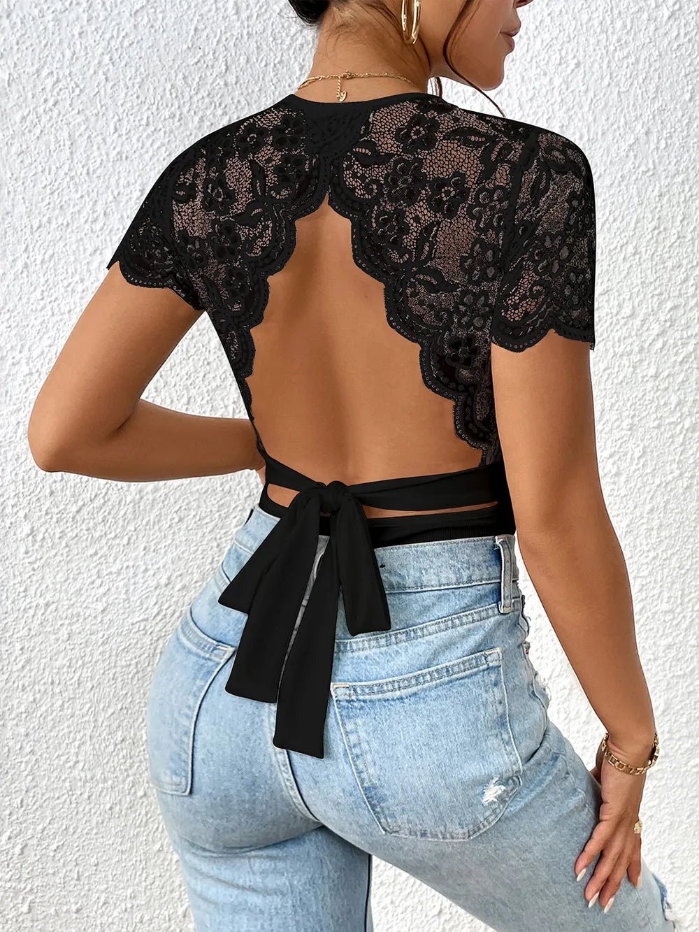 Perfee Lace Backless Round Neck Bodysuit - Crowned Energy CO.