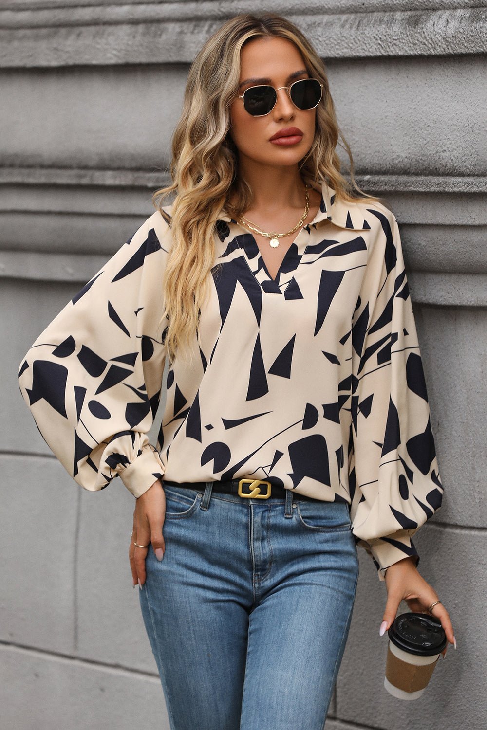 Perfee Printed Johnny Collar Blouse - Crowned Energy CO.