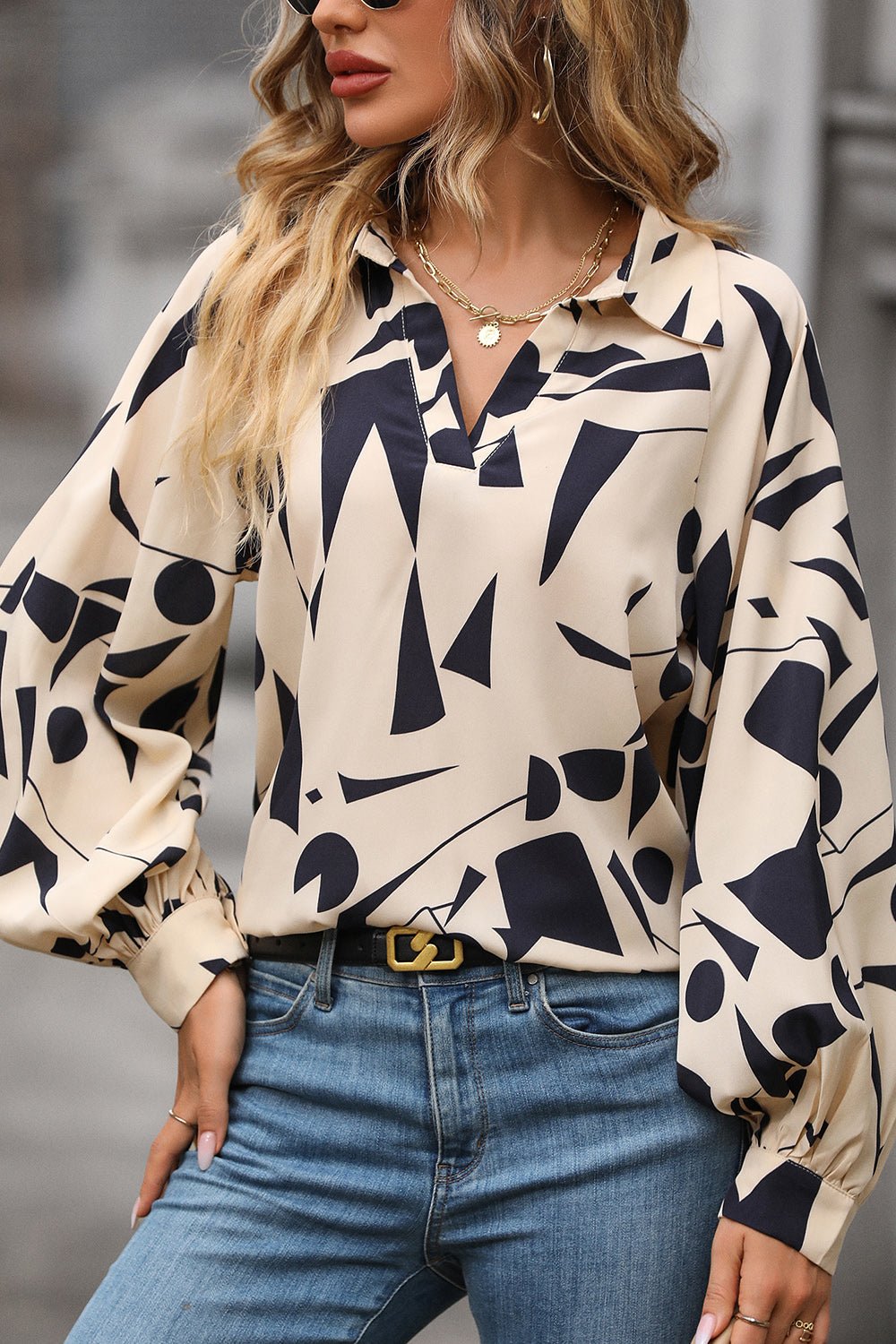 Perfee Printed Johnny Collar Blouse - Crowned Energy CO.
