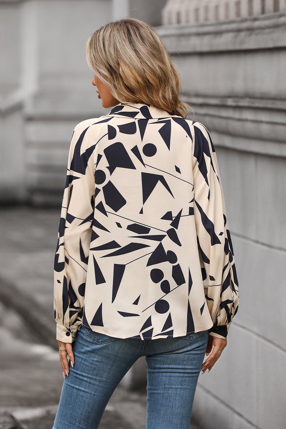 Perfee Printed Johnny Collar Blouse - Crowned Energy CO.