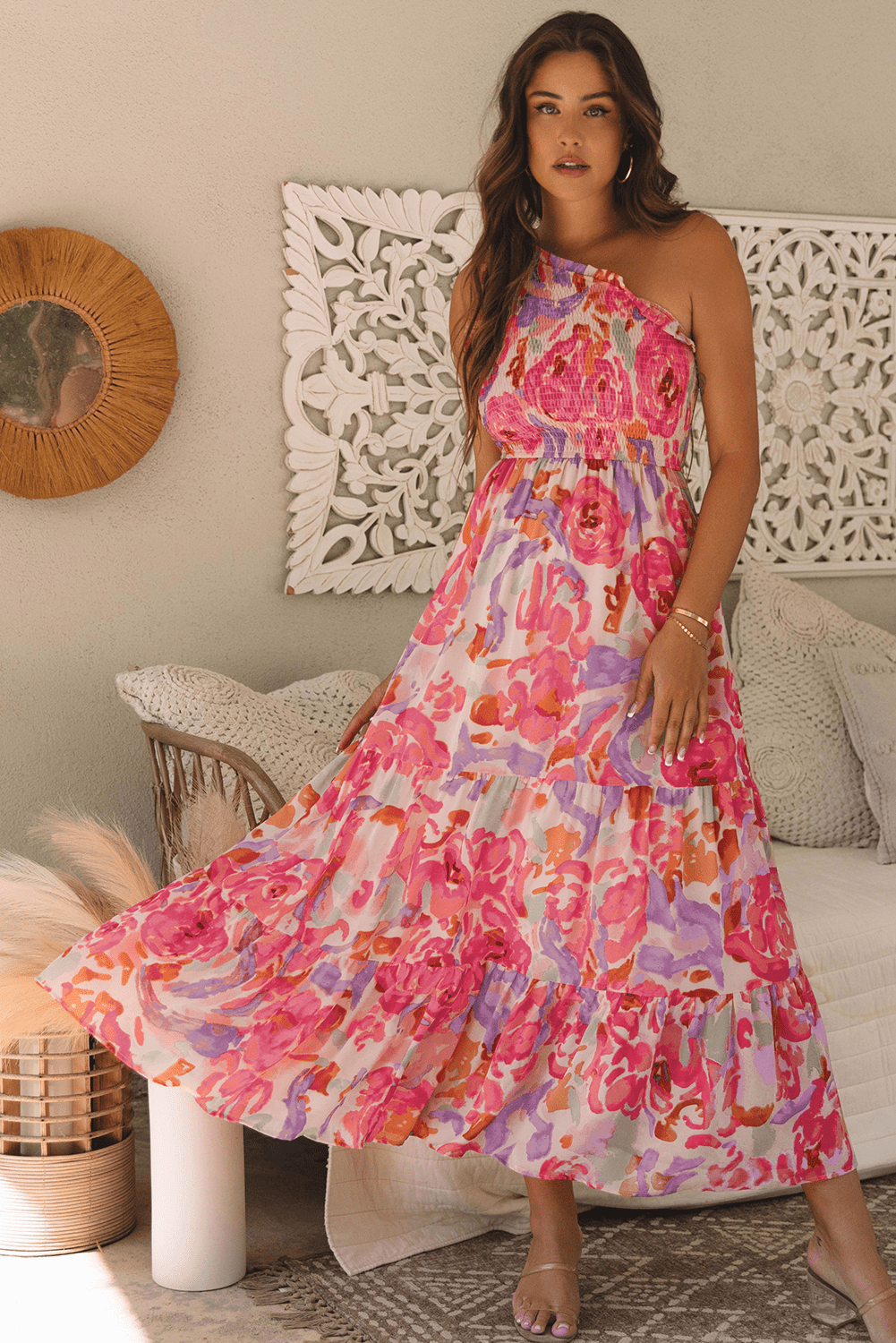 Pink Abstract Floral Print Shirred One Shoulder Maxi Dress - Crowned Energy CO.
