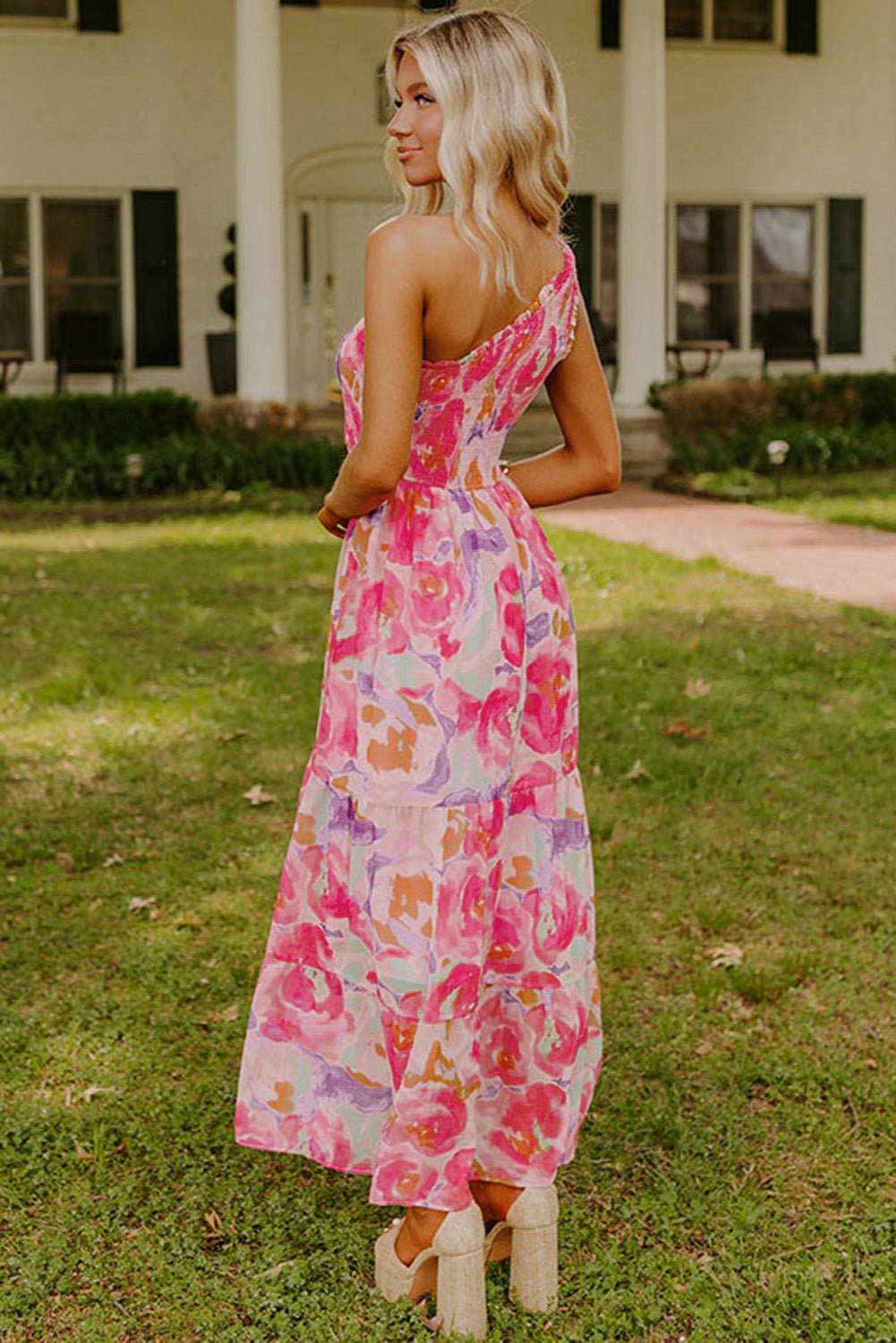 Pink Abstract Floral Print Shirred One Shoulder Maxi Dress - Crowned Energy CO.